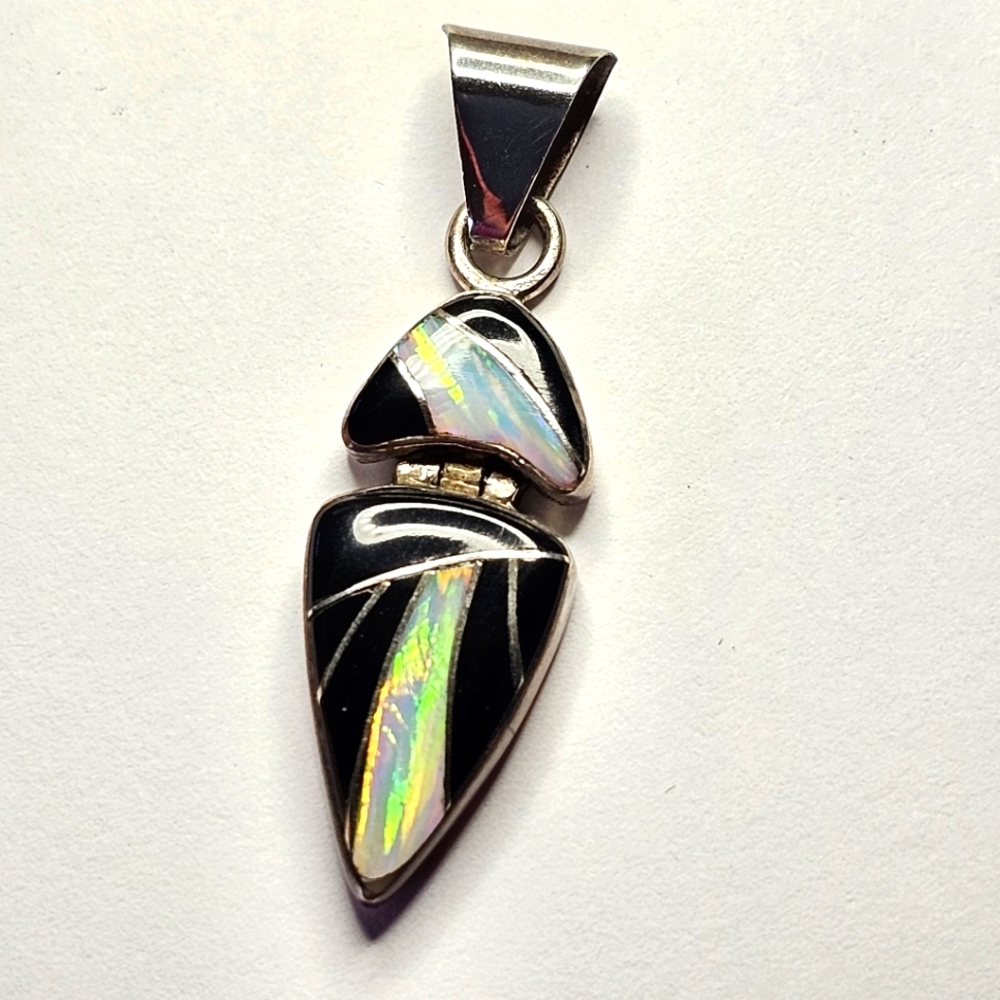 DJ Begay Navajo modernist pendant necklace charm pendant hinged Opal Onyx Inlay
